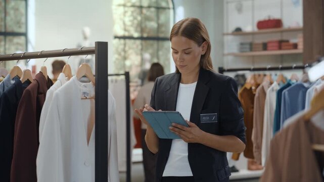 Shopping at Clothing Store Inventory Associate Scanning Garments Using Digital Tablet. Merchandiser Logging Stock Levels and Confirming Product Availability in a Boutique