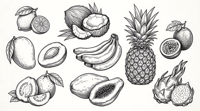 Hand-drawn collection of tropical fruits including pineapple banana mango papaya and passion fruit in detailed sketch style for