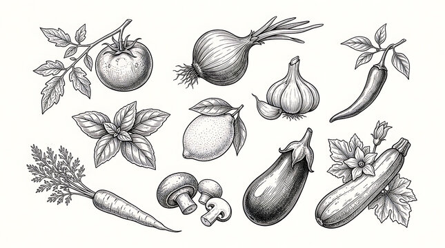 Detailed black and white illustrations of various vegetables and herbs with intricate line work and realistic detailing suitable