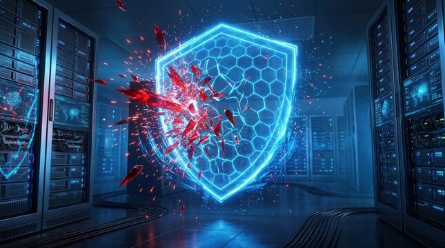 Malicious red cyber attacks being shattered by a glowing blue digital firewall inside a highly secure server room depicting virtual protection and network safety