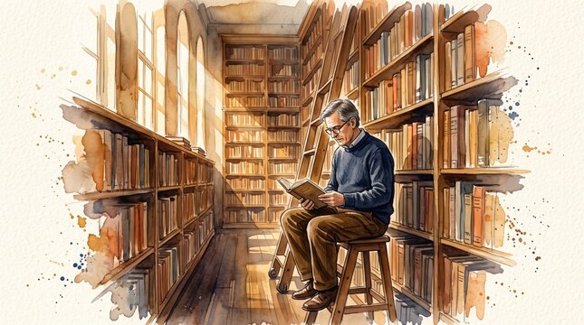 Watercolor illustration of a man sitting on a stool reading a book amidst tall bookshelves. Sunlight creates a warm, peaceful atmosphere of deep immersion. Ideal for literature or wellness blogs.