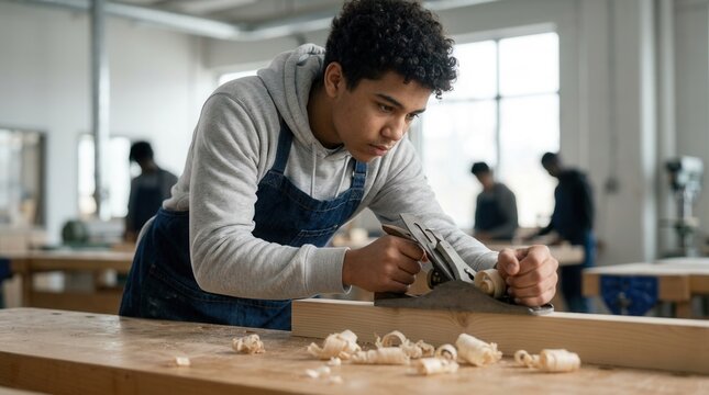 Focused male adolescent at a youth detention center's vocational woodworking class guides a plane across lumber