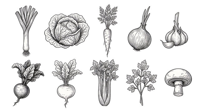Collection of detailed monochrome vegetable illustrations including lettuce carrot onion garlic beetroot parsley mushroom