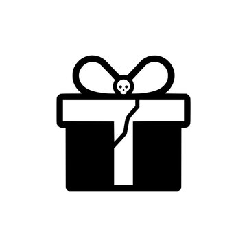 Black Silhouette Icon of Gift Box with Skull Symbol on Ribbon