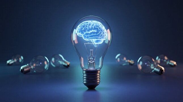 Light bulb with glowing brain illustration surrounded by scattered light bulbs on a dark blue background representing creativity and innovation