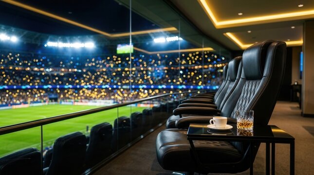 Upscale hospitality experience featuring premium seating and views of a well-lit football field.
