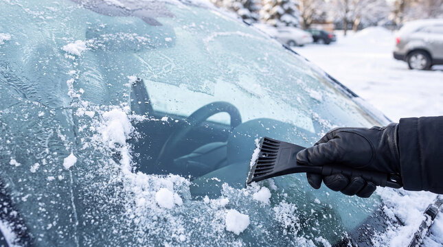Person using a black ice scraper to remove snow from a car windshield on a winter day in a snowy parking lot