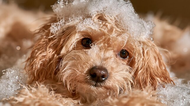 Extreme close-up of a cute toy poodle receiving a relaxing bath, soft white foam bubbles on head, glistening water droplets, dewy fur texture, luxury pet spa background.