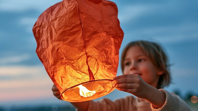 Child releases glowing orange paper sky lantern into twilight evening sky outdoors