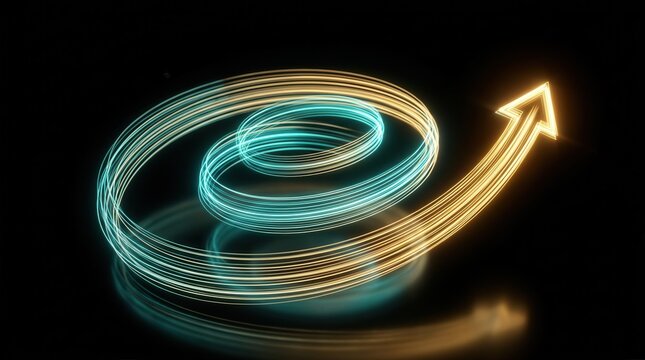 Continuous improvement represented by a feedback loop system in a spiral design transitioning from cool teal to warm gold.