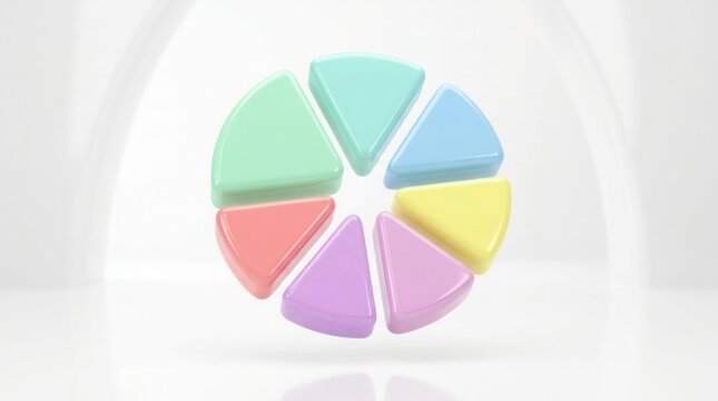 3d rendering of minimal graphic business data analysis element featuring pastel colorful pie chart slices floating on a white glossy background financial statistics infographic