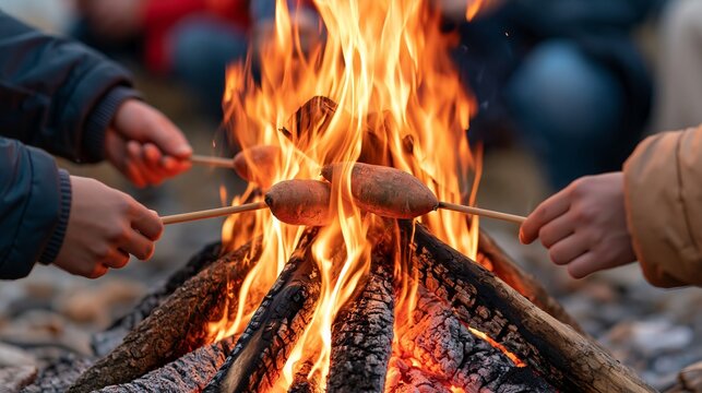 Children roast sausages over a crackling campfire outdoors at night with glowing flames and hands holding sticks.