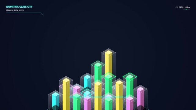 Isometric Glass City Data Visualization for Abstract Business Analytics