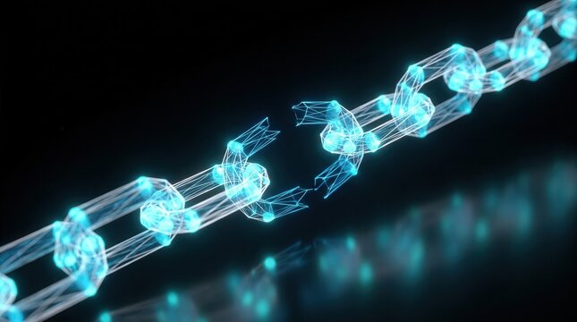Supply chain disruption illustrated by a gap in the formation of a chain made of digital nodes in a dark setting.