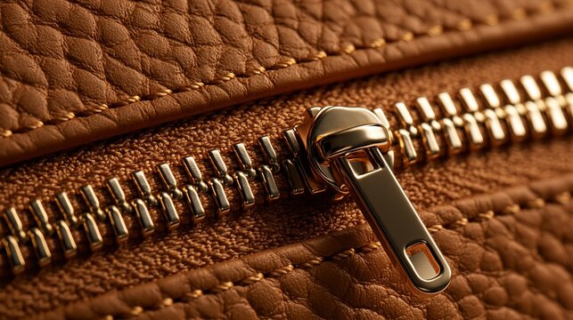 Close up of a gold zipper on brown textured leather material with visible stitching details and metallic pull tab in focus.