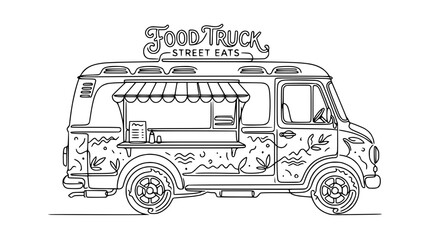 Food Truck Outline Illustration, Street Eats, Mobile Kitchen, Graphic Art © Wesi