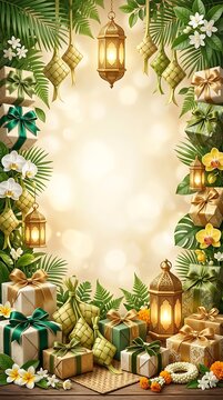 Decorative Festive Frame with Lanterns and Gift Boxes for Idul Fitri Celebration