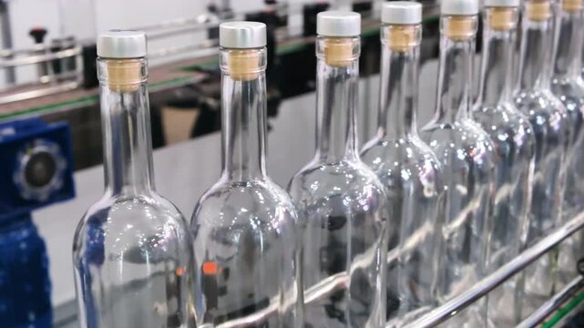 Clear glass bottles with cork stoppers move on a conveyor belt. Industrial machinery processes the bottles. Line operates smoothly. Factory environment is clean and precise