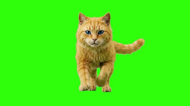 A cute 3D realistic ginger tabby cat with blue eyes walking directly toward the camera, isolated on a solid green chroma key background. Suitable for pet food commercials, veterinary hospital ads, ani