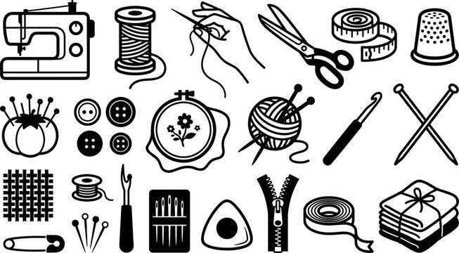 Handmade Needlework and Stitching Craft Studio Line Vector Icon Set