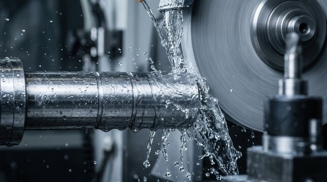 Surface grinding operation featuring coolant fluid flowing over a metal piece to ensure quality finishing and heat reduction.
