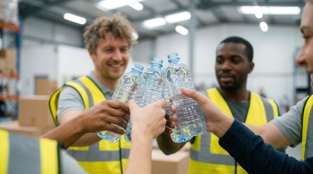 In an overheated warehouse during a summer heat emergency, a group of coworkers share ice water bottles and damp towels to ensure workplace safety and heat illness prevention.