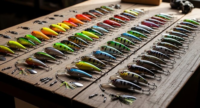 Collection of fishing lures displayed on wooden planks, ready for angling adventures