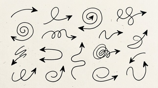 Hand-drawn Arrow Collection: Swirls, Curves, and Lines on Textured Background