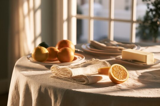 Fresh fruit, pitcher and folded linen on a breakfast table; subdued close view, floral detail