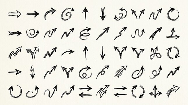 Hand-Drawn Arrow Icons Set: Doodle Arrows, Direction Symbols, Graphic Elements