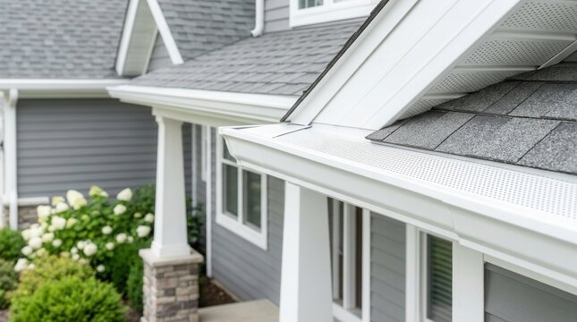 American home gutter protection system featuring white guards and soffit