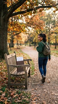 A woman leaves a book on a wooden bench in an autumn park with a pay it forward note. Kindness and literary sharing in a peaceful seasonal setting. Perfect for community or literacy campaigns.
