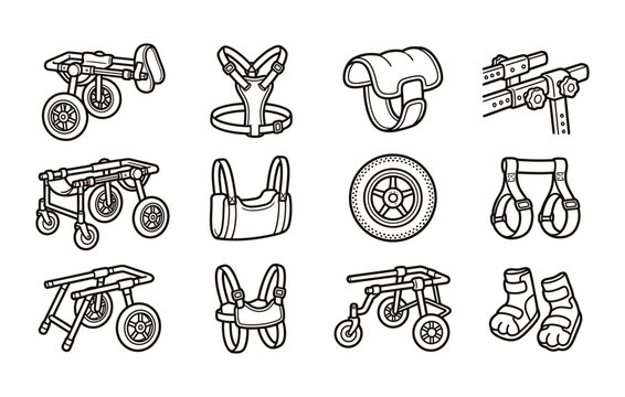 Dog wheelchair and pet mobility cart vector line art set featuring disabled animal walking frames harnesses slings wheels and orthopedic boots