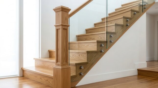 Wooden treads and transparent glass railing with steel frames on stairs with a solid newel post