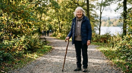 Obraz premium Elderly Woman with Cane Walking on Forest Path, Autumn Scenery, Lake View