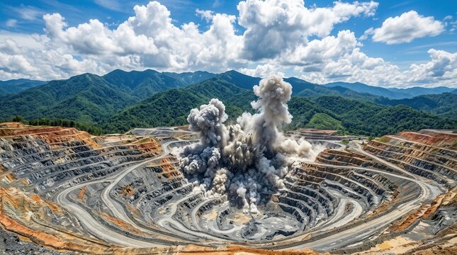 Explosive detonation during dynamic gold ore mining operations in a vast open pit landscape