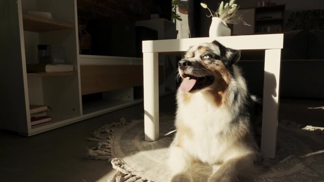Happy Australian Shepherd pants while resting in warm sunlight at home. Concept of pet portrait, animal wellness, relaxed behavior, and domestic life.