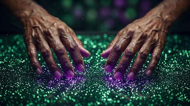 hands type between the sparkle of particles