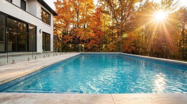 Clear blue water in a swimming pool reflecting sunlight, surrounded by colorful autumn trees