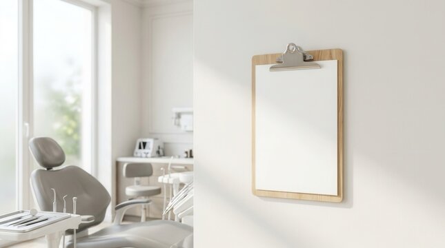 Medical examination room interior mockup featuring a dental chair and a blank wooden clipboard with empty white paper on the wall.