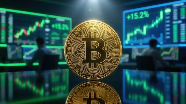 Golden bitcoin cryptocurrency token reflecting bright light, standing upright before blurry digital monitors with green stock market trading charts in an exchange