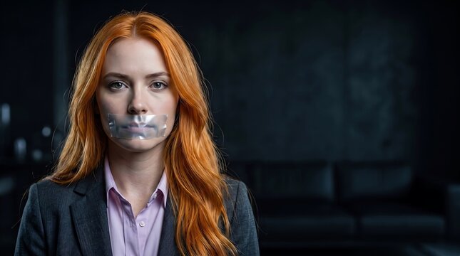Businesswoman with tape on mouth representing corporate censorship