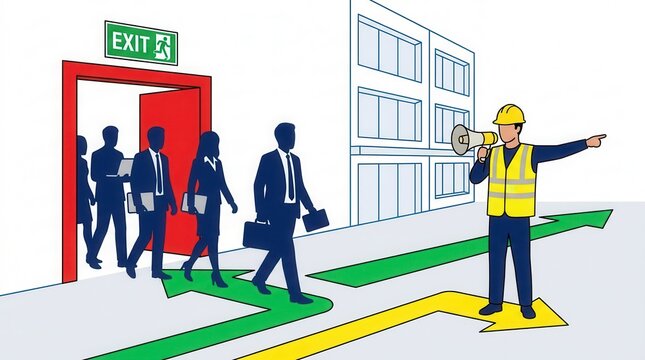 During a fire drill, a warden ensures proper use of fire safety equipment and procedures while directing people exiting the building.
