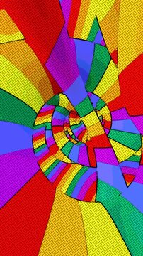 Seamless vertical video of spiral of rainbow color tubes hand drawn style cartoon. Hypnotic tunnel of lines background with comic halftone effect.