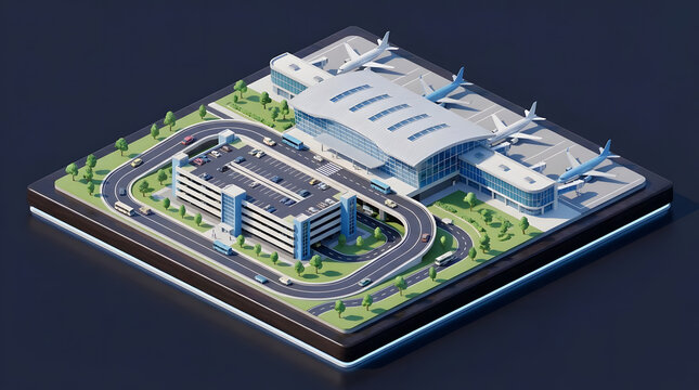 Isometric airport terminal with airplanes and runway access.