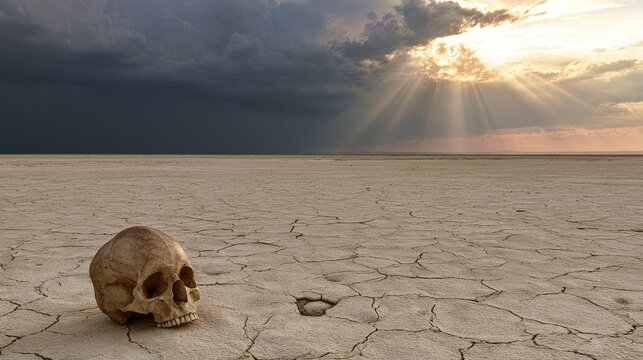 Conceptual landscape with human skull on cracked salt flat under stormy clouds and dramatic sunlight, symbolizing global warming, climate change, environmental crisis, drought and ecological disaster