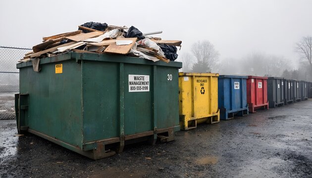 Row of colorful industrial waste and recycling bins on a misty day