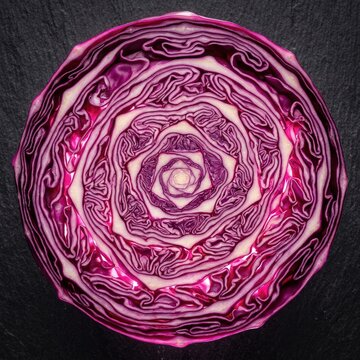 Fresh red cabbage cross section showing intricate vegetable patterns and vibrant purple veins centered on a rustic dark stone background