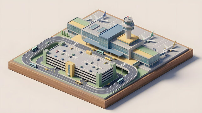 Isometric airport terminal with control tower and aircraft parked.