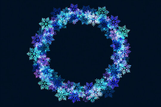 Colorful Glowing Snowflake Wreath on Dark Background